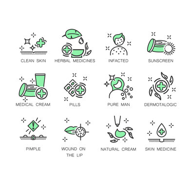Acne Skin Icon Set. Contains such Icons as Skin Layer, Surface, Complexion. Dermatologically tested, Paraben chemical formula icons.
