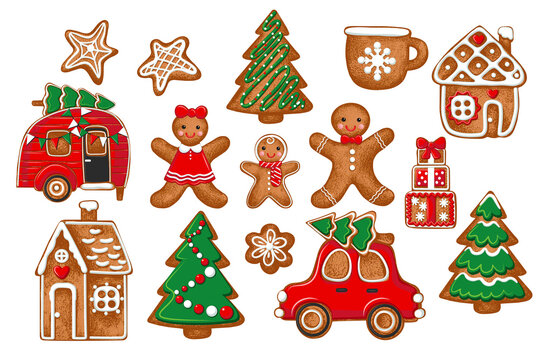. Diverse gingerbread collection . Vector illustration of holiday baking. Christmas collection..