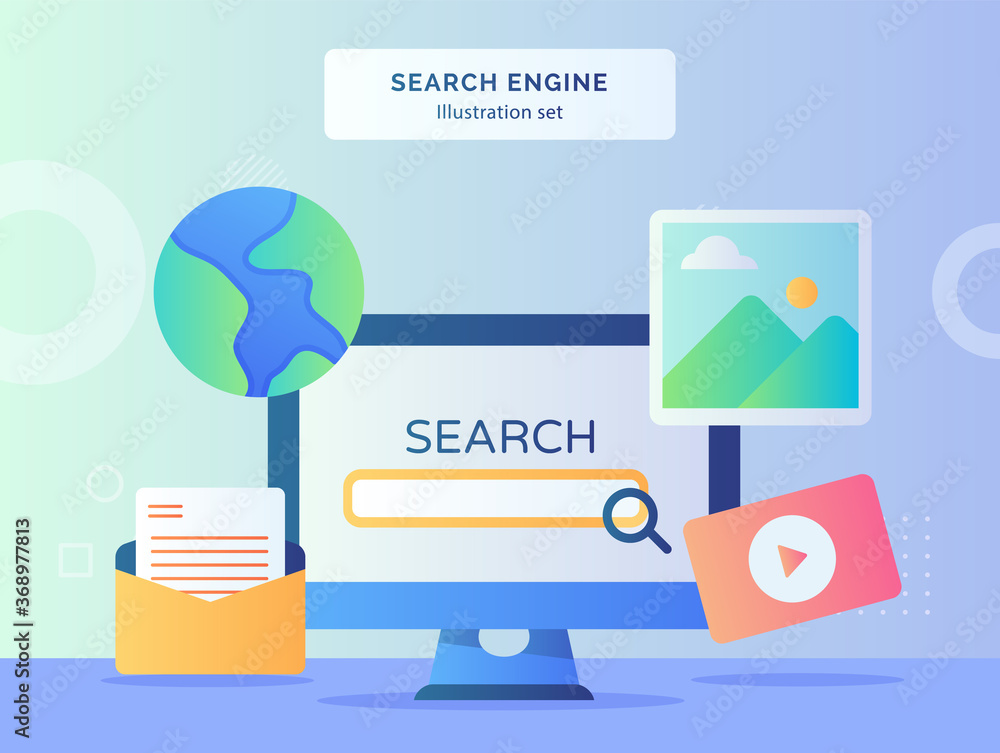 Poster search engine illustration set monitor computer background of picture globe mail video with flat sty