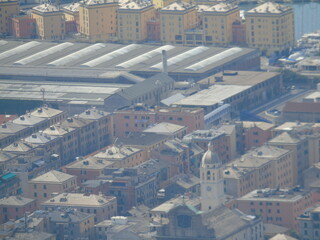 Genova, Italy – 07/30/2020: Beautiful scenic aerial view of the city, port, dam, sea, Cristoforo...