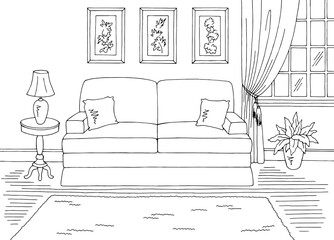 Living room graphic black white classic home interior sketch illustration vector