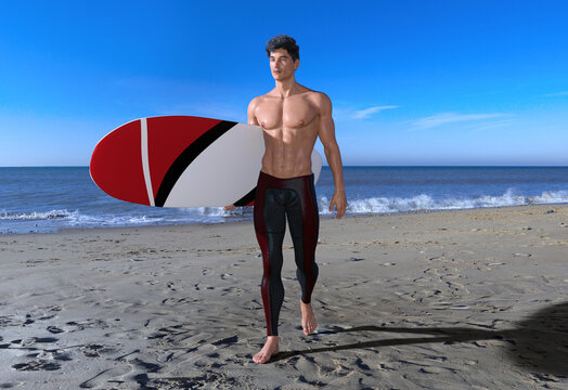 3D Render : The portrait of a young mesomorph man with a surf board, surfer male model