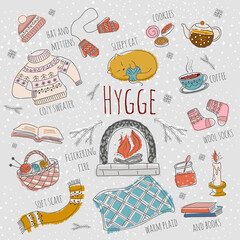 Warm and cozy set of scandinavian hygge style. Vector illustration, individual items on a light background.