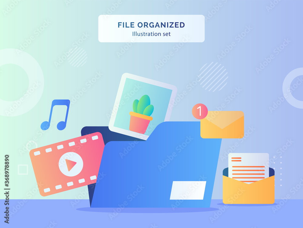 Poster file organized illustration set file folder contains video music picture message email with flat sty