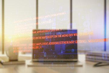 Multi exposure of abstract creative coding sketch on modern laptop background, artificial intelligence and neural networks concept
