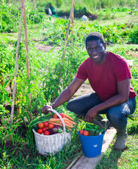 Portrait of smiling afro american farmer with basket of ripe vegetables in summer garden