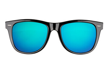 Black sunglasses with blue lens isolated on white.