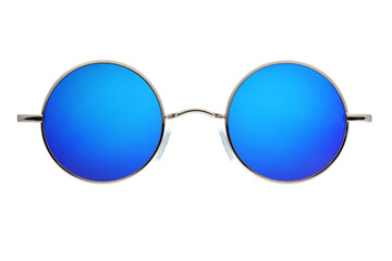 Round blue mirror gun metal sunglasses isolated on white
