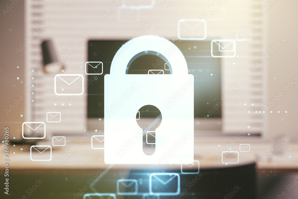 Poster double exposure of creative lock hologram with email symbols on laptop background. information secur