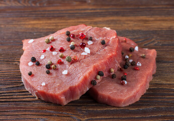 raw beef steak with spice on brown wooden background