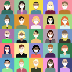 Various people wearing face mask, avatars of young women and men vectors, protection from virus, boys and girls wearing face mask