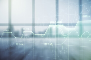 Multi exposure of abstract statistics data hologram interface on abstract empty interior background, computing and analytics concept