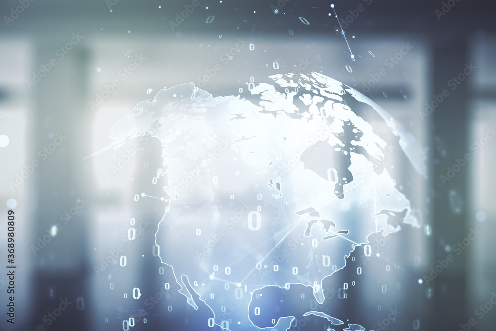 Poster multi exposure of abstract software development hologram and world map on empty modern office backgr