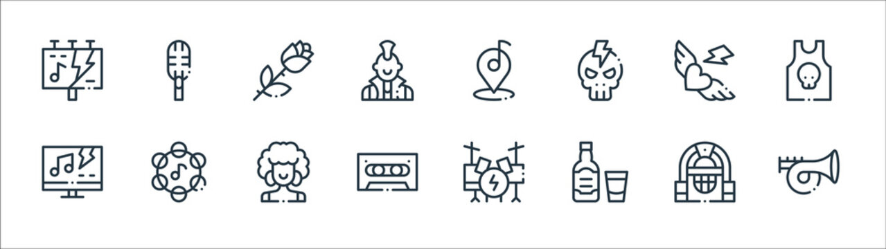 Rock N Roll Line Icons. Linear Set. Quality Vector Line Set Such As Trumpet, Whiskey, Cassette Tape, Tv Show, Tattoo, Rose, Location, Microphone.