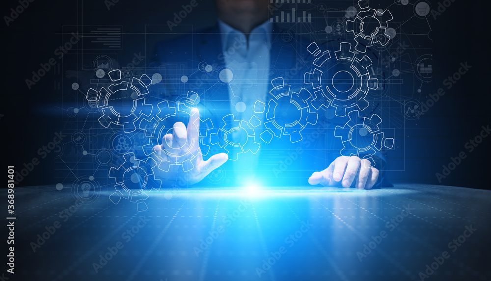 Aufkleber gears mechanism on virtual screen. automation and business process flow. business and technology con