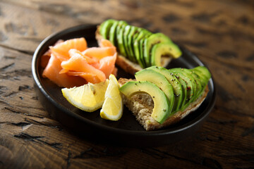Healthy homemade avocado toast with salmon