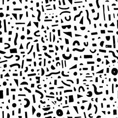 Seamless pattern with hand drawn black geometric shapes. Pen paint freehand lines, squares, triangles, circles etc. Monochrome wallpaper design