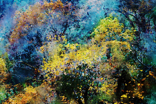 Abstract painting of trees in fall season, nature in autumn landscape image, digital watercolor illustration
