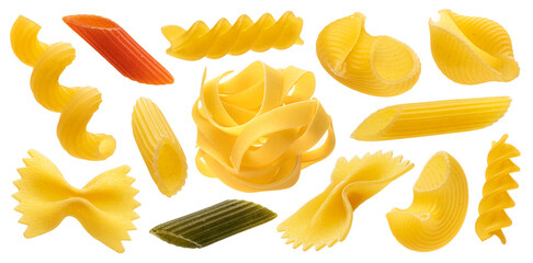 Collection of different dry pasta types isolated on white background