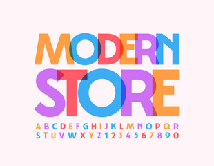 Fototapeta na wymiar Vector trendy banner Modern Store. Colorful creative Font. Bright art Alphabet Letters and Numbers