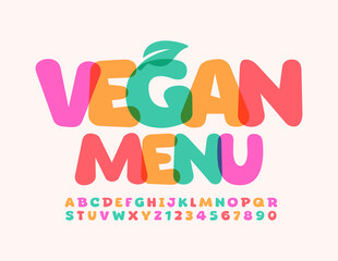 Vector template Vegan Menu with decorative Leaf. Creative bright Font. Comic Alphabet Letters and Numbers