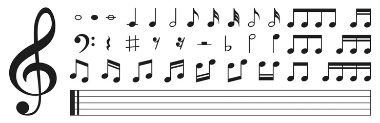 Rolgordijnen Set of musical notes. Black musical note icons. Music elements. Treble clef. Vector illustration. © iiierlok_xolms