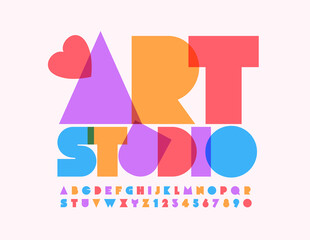 Vector logo Art Studio with decorative Heart. Abstract Colorful Font. Bright creative Alphabet Letters and Numbers © Popskraft