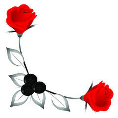 Corner ornament with red roses, leaves and berries, design element.