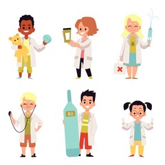Doctors and nurses children characters set of flat vector illustration isolated.