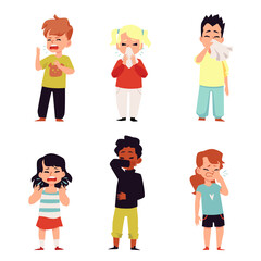 Children sneezing - isolated set of cartoon kids coughing and wiping sneeze