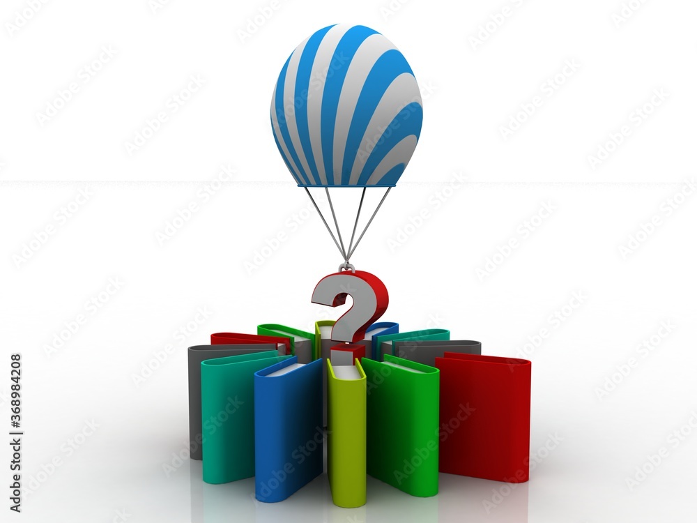 Poster 3d rendering books with question mark symbol connected parachute