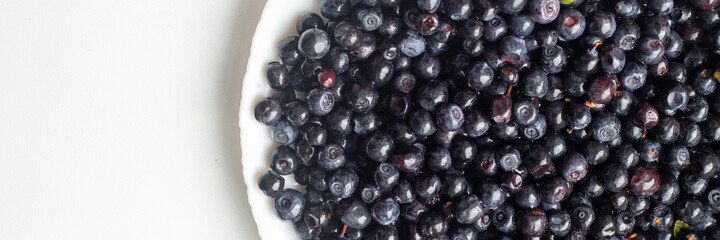 Close-up of fresh blueberries on a white plate isolated on white background. Copy space.