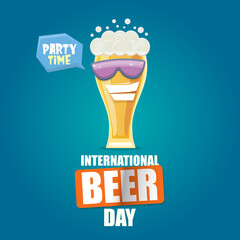 Happy international beer day banner or poster with cartoon funny beer glass friends characters with sunglasses isolated on blue background. International beer day cartoon comic poster