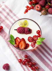 Delicious italian dessert panna cotta with raspberry sauce, fresh berries and mint on gray background. Panna Cotta dessert creative presentation