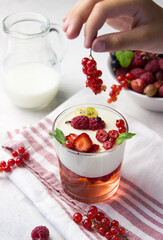 Delicious italian dessert panna cotta with raspberry sauce, fresh berries and mint on gray background. Panna Cotta dessert creative presentation