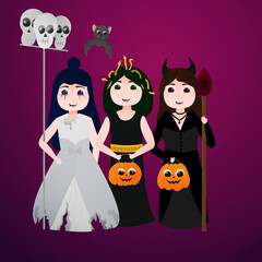 Kids wearing halloween costume - banshee, medusa, demon. Cute character illustration.