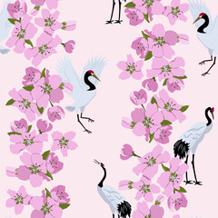 Obraz na płótnie Canvas Seamless vector illustration with blooming cherry and birds