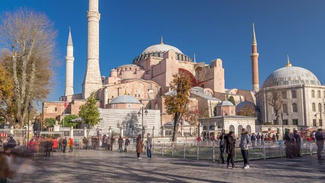 Hagia Sophia timelapse hyperlapse front view, Christian patriarchal basilica, imperial mosque and now a museum, Istanbul, Turkey
