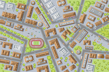 City view from above. 
Streets, houses, buildings, roads, crossroads, trees, cars. (top view)