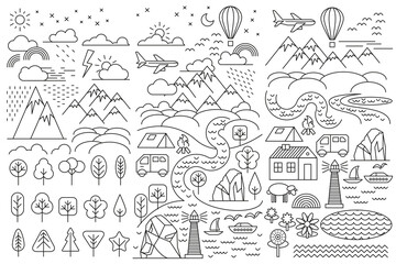 Naklejka premium Vector set of icons. Tourism and outdoor recreation. Landscape in flat linear style. Mountains, hills, clouds, trees, camp, river. Nature, ecology and environment.