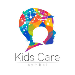 Child rainbow logotype in vector. Silhouette profile human head with brain. Concept logo for people, children, autism, kids, therapy, clinic, education. Template symbol modern design isolated on white - 368985810