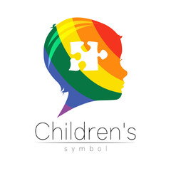 Fototapeta na wymiar Child logotype with puzzle in rainbow colors, vector. Silhouette profile human head. Concept logo for people, children, autism, kids, therapy, clinic, education. Template design on white background