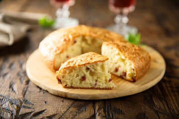 Homemade savory pie with cheese and bacon