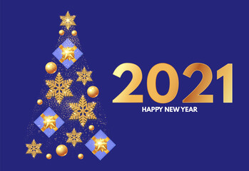 Christmas tree. Happy New 2021 Year template with gifts, glossy golden balls, elegant gold snowflakes and lettering.