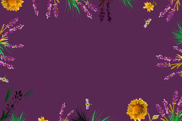 hand drawn lavenders and sunflowers on purple background. Watercolor. Text area