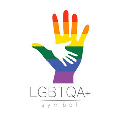 Vector LGBTQA logo symbol. Pride flag background. Icon for gay, lesbian, bisexual, transsexual, queer and allies person. Can be use for sign activism, psychology or counseling. LGBT logotype on white. - 368988026