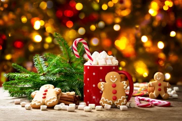 Foto op Canvas Christmas drink. Cup of hot chocolate with marshmallows and gingerbread cookies © Nitr