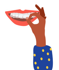 Orthodontic transparent retainers vacuum form. Dental health daily life concept.Oral care.Beautiful smile with straight teeth. Female hand pulls equipment out of mouth. Vector flat poster for clinic