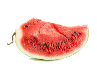 sliced piece of ripe juicy watermelon with brown seeds isolated on white background