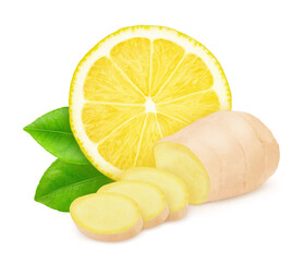 Composition with lemon and ginger isolated on a white background.
